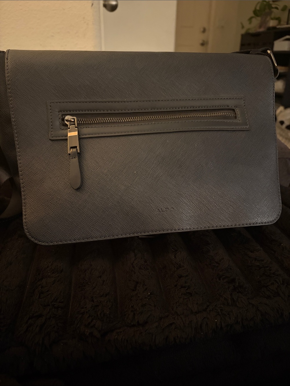Aldo Black Textured Leather Messenger Bag